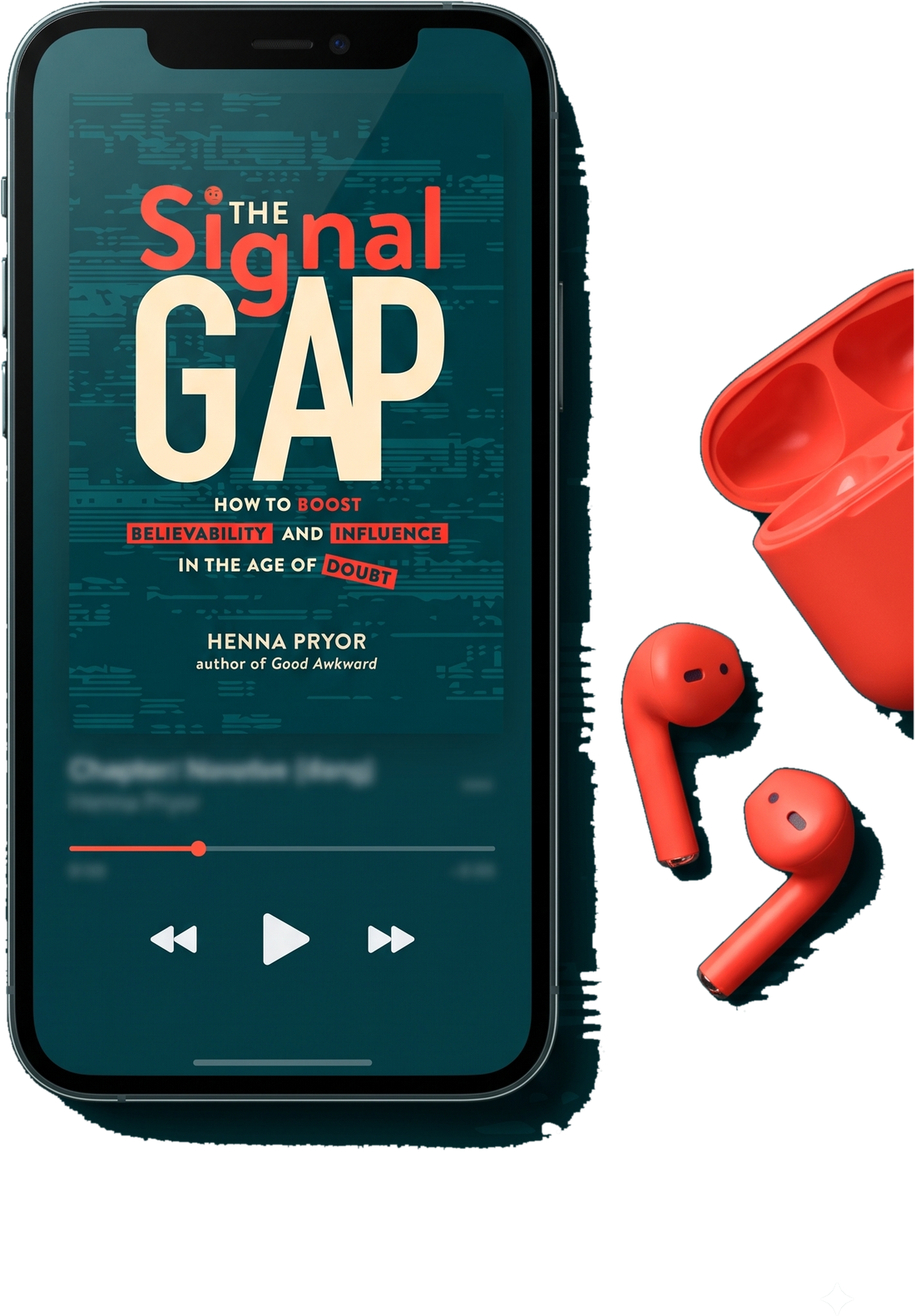 The Signal Gap audiobook playing on a phone beside coral earbuds.